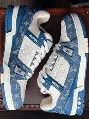 Louis Vuitton White and Blue Monogram Trainers
